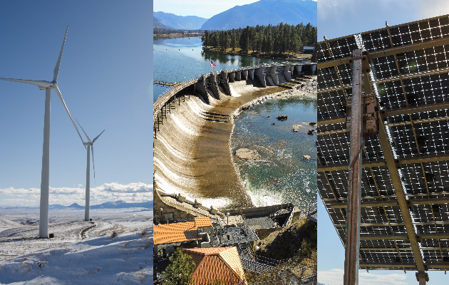 A collage showing a wind turbine, hydro plant and solar array.